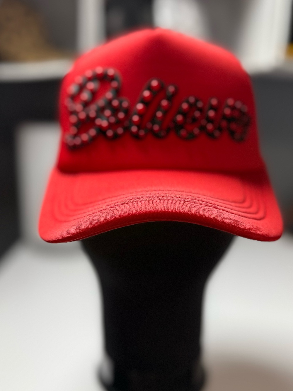 "Believe" Red Embellished Trucker Cap - Women Accessories